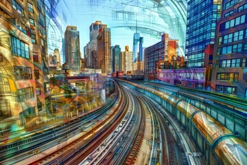 Artistic rendering of urban development and transportation.