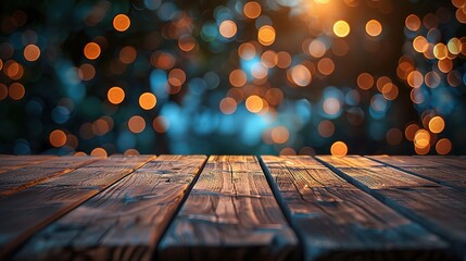 Bokeh background with empty wooden deck table for product montage display - obrazy, fototapety, plakaty