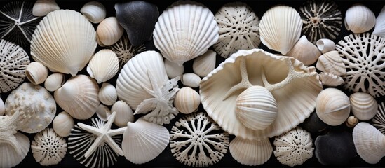 A group of sea shells of various shapes and sizes stacked on top of each other, creating an interesting and textured composition. The shells are arranged in a captivating display, showcasing their