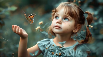 Innocent Child's Wonder: Little Girl with Pigtails and Freckles Gazing at Butterfly in Lush Garden
