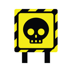 Skull danger square yellow and black diagonal stripes traffic road signs pole isolated white background, highway route symbol signposts crime tapes caution for web mobile illustration.