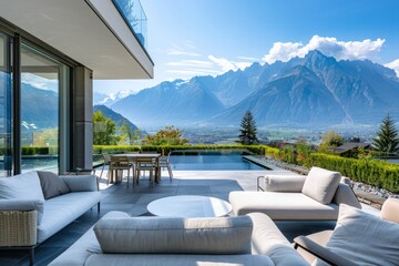 Fototapeta na wymiar Modern house terrace with mountain view