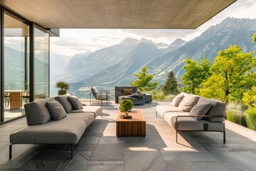 Fototapeta premium Modern house terrace with mountain view