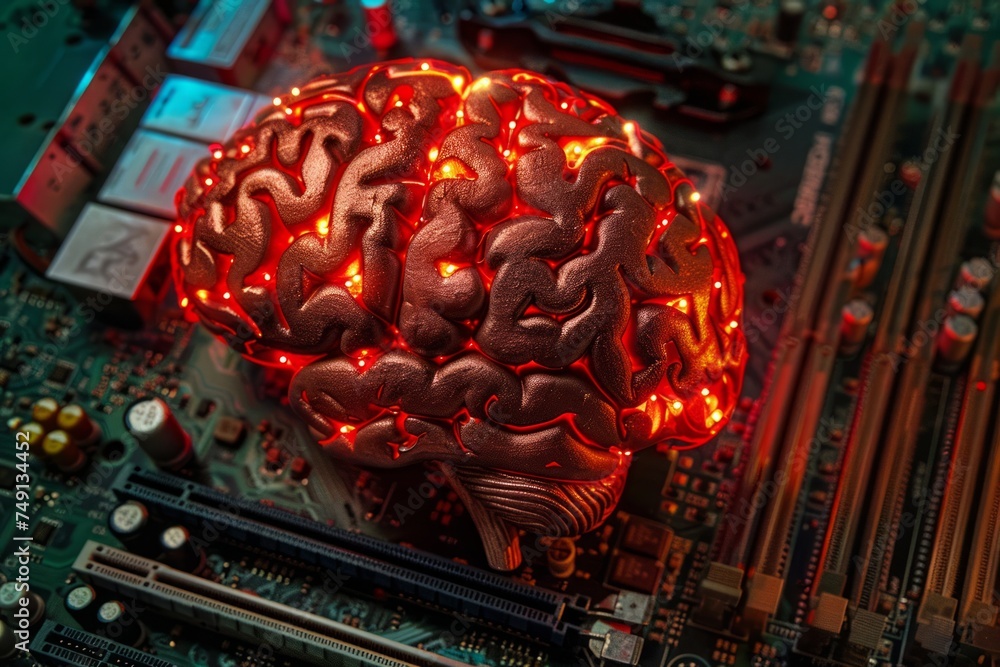 Poster conceptual image of a brain made of electronic circuits on a motherboard.