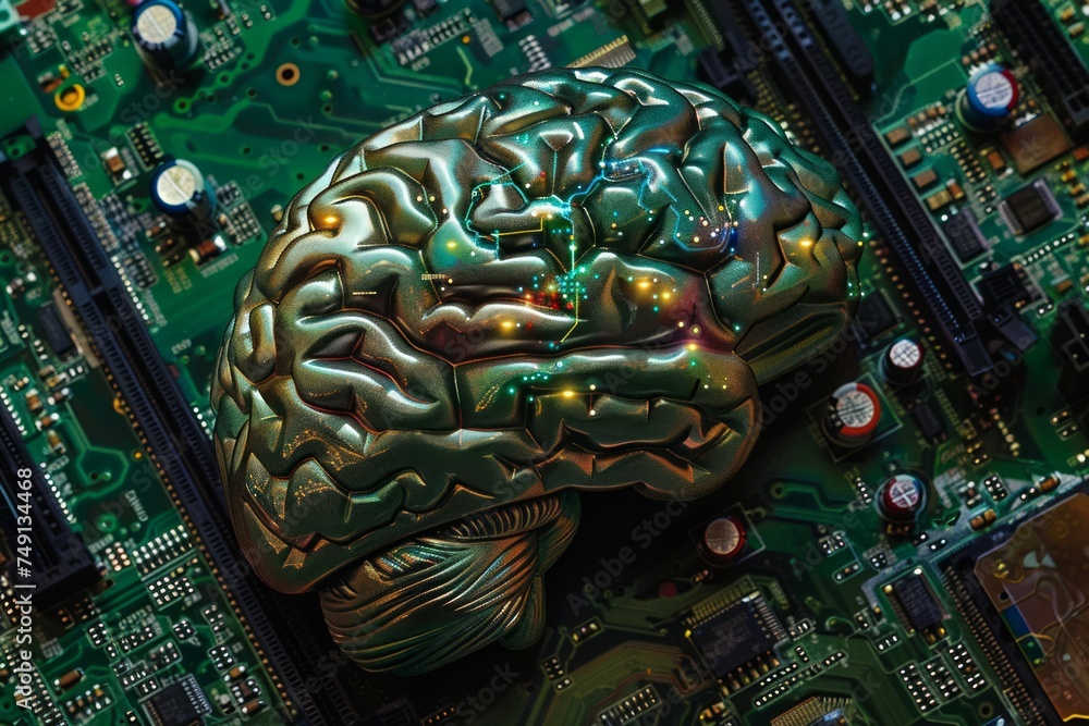 Poster conceptual image of a brain made of electronic circuits on a motherboard.