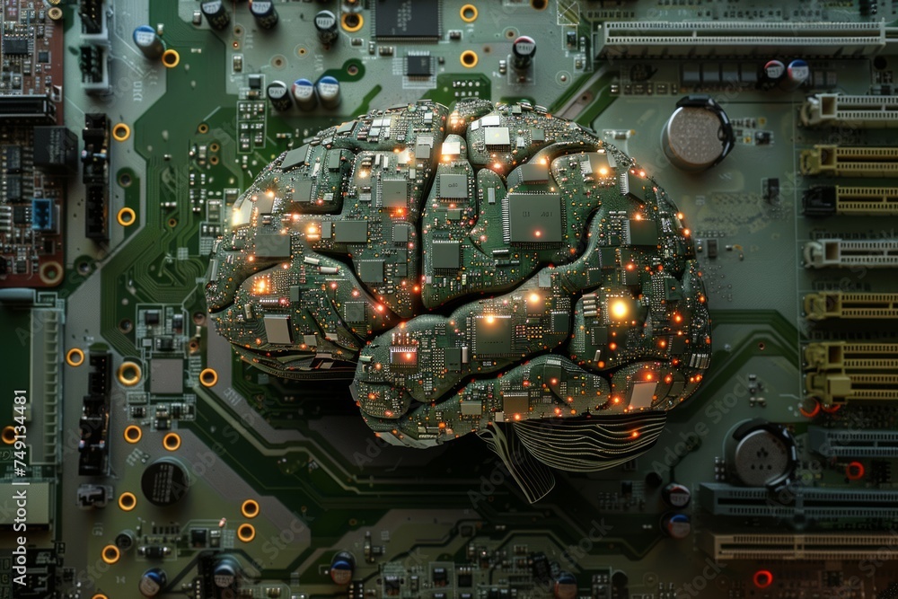 Poster conceptual image of a brain made of electronic circuits on a motherboard.