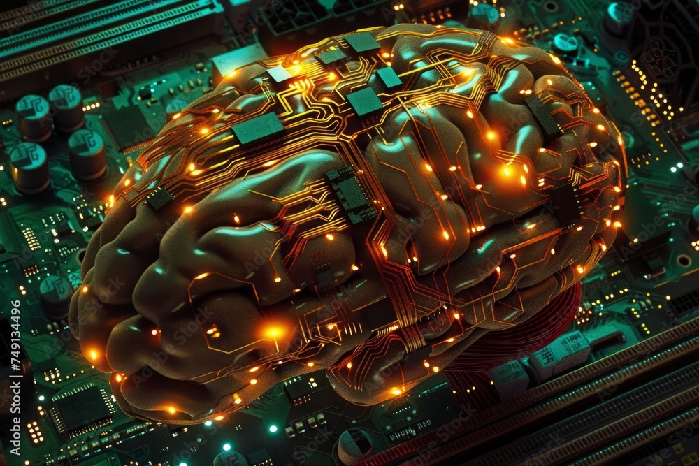Poster conceptual image of a brain made of electronic circuits on a motherboard.