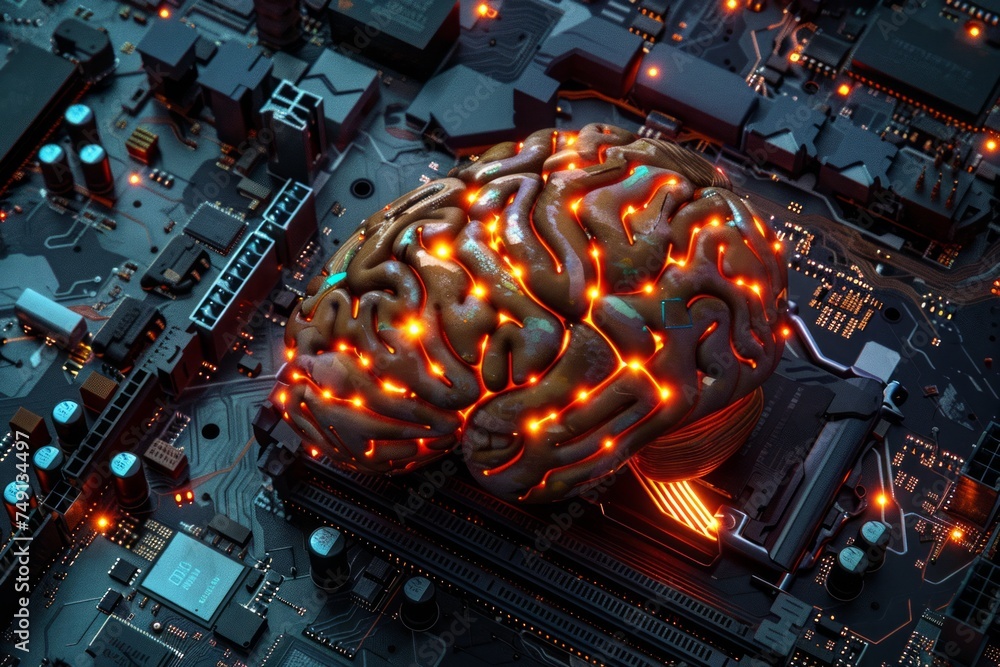 Poster conceptual image of a brain made of electronic circuits on a motherboard.