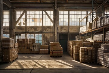 Warehouse interior with pallets of boxed goods.