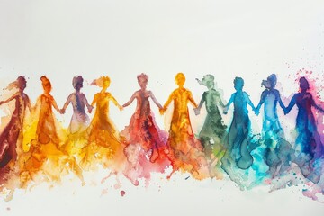 Watercolor painting of diverse people holding hands.