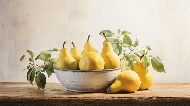 A rustic bowl filled with ripe yellow pears and adorned with fresh green leaves, set on a wooden table against a wall backdrop.