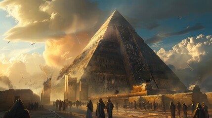 Spiritual Significance: Priests and Religious Leaders Overseeing the Construction of the Great Pyramid in Ancient Egypt - obrazy, fototapety, plakaty