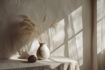 Still life composition with pampas grass and pottery