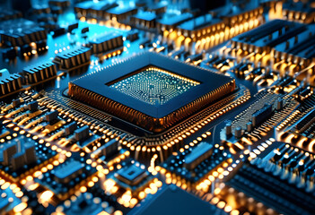 Close-up of a central processing unit (CPU) on a motherboard with illuminated circuits and electronic components. - obrazy, fototapety, plakaty