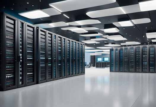 Modern data center room with rows of high powered servers and bright LED lights on the ceiling.