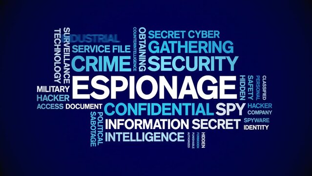 Espionage animated word cloud;text design animation tag kinetic typography seamless loop.