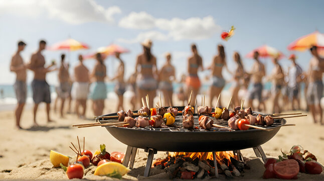 Summer bbq concept image with skewers on a hot barbecue on the beach with people in background. generative.ai