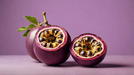 Purple passion fruit on a isolated pastel background. generative.ai