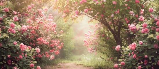 A dirt road winds its way through a garden abundant with delicate pink flowers, creating a...