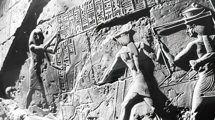 Skilled Egyptian Craftsmen Carving Intricate Hieroglyphs on Great Pyramid Stones with Precision and Expertise