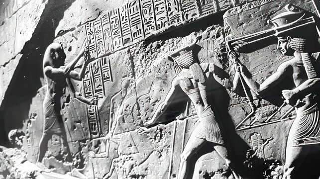 Skilled Egyptian Craftsmen Carving Intricate Hieroglyphs on Great Pyramid Stones with Precision and Expertise