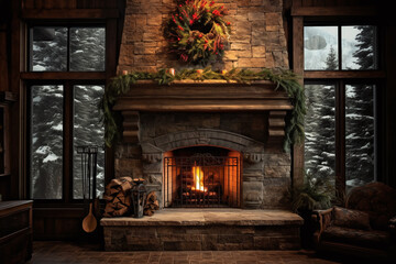 Fototapeta na wymiar Fireplace in home with christmas decorations