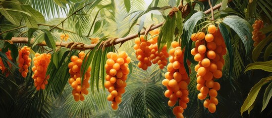 A group of ripe fruits hanging from the clustered fishtail palm tree, belonging to the Arecaceae family. The fruits are ready for harvesting, showcasing a bountiful harvest.