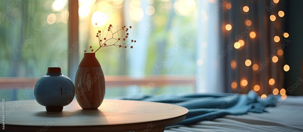 Poster two vases are placed on a table located in front of a window, illuminated by natural light coming th