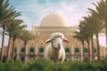 3D cute sheep sitting in front of a mosque in the morning