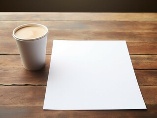 Coffee cup and blank paper on wooden table, stock photo