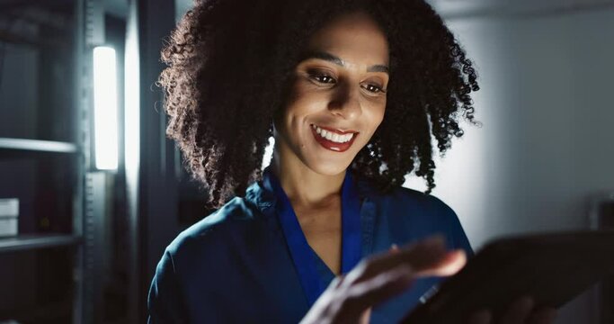 Smile, engineer and woman on tablet in data center for cyber security, coding and update database. Happy, technician and information technology in server room for software, networking and programming
