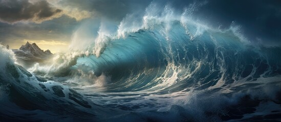 This painting depicts a large, powerful wave in the ocean crashing against majestic rocks. The wave is fierce and turbulent, creating a dramatic and dynamic scene.