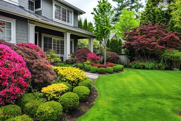 Obraz premium Front yard, landscape design with multicolored shrubs intersecting with bright green lawns behind the house is a modern