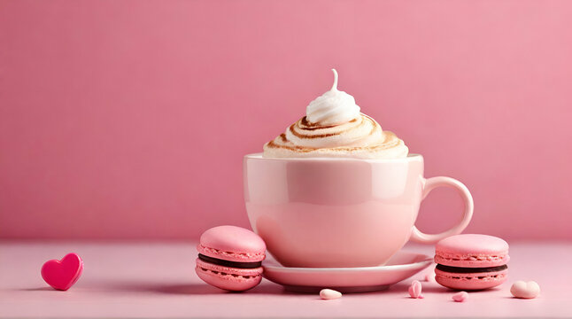 Cup of hot coffee cappuccino with pink macaroon and cappuccino with heart art pink background, copy space banner . generative.ai