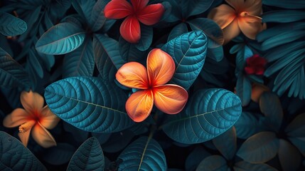 colorful flower on dark tropical foliage nature background