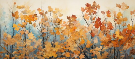 This painting depicts a forest scene abundant with trees showcasing vibrant yellow and orange leaves, capturing the essence of autumn. The foliage is textured with colored leaves and dried flowers