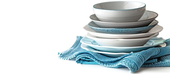 A stack of clean blue and white dishes with a blue towel placed on top, sitting on a plain white...