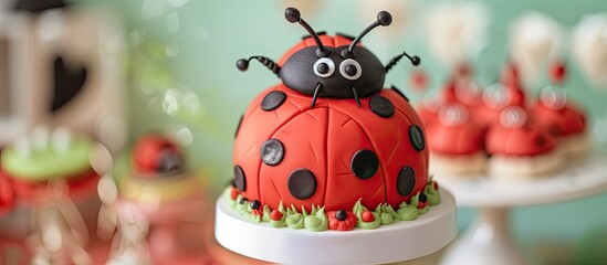 Fototapeta premium A ladybug-shaped cake adorned with red and black icing sits neatly atop a wooden table, ready for a fun-filled birthday party celebration.