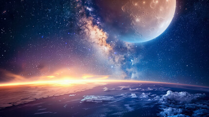 Surreal cosmic landscape with a giant moon rising over a radiant horizon at twilight, merging dreams with reality