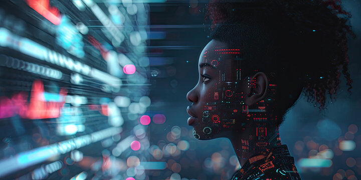 Black woman looking of Code Projected on Face and Reflecting. Software Developer Working on Innovative e-Commerce App using AI, Big Data
