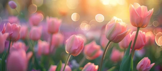 Foto op Plexiglas A field of pink tulips basks in the sunlight, their vibrant petals opening up to the warmth. The flowers create a colorful carpet in the serene garden. © 2rogan