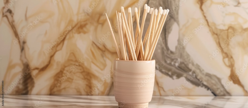 Aufkleber a white vase sitting on a table is filled with reeds, creating a simple yet elegant display. the ree