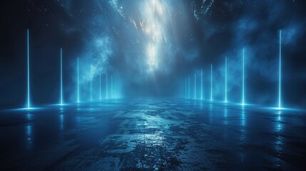 Obraz premium Dark background with lines and spotlights, neon light, night view. Abstract blue background.