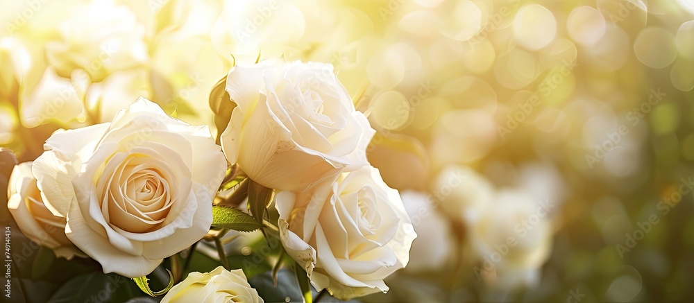Poster Fresh white roses are neatly arranged in a bunch and placed on top of a table, creating a simple yet elegant display.