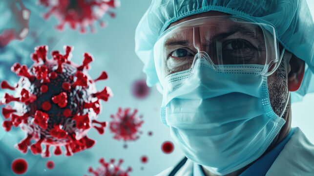 a man doctor in a medical face mask against the background of the virus