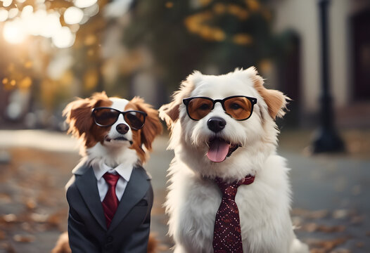 Two adorable dogs dressed in suits and sunglasses posing outdoors with a warm, sunlit backdrop.