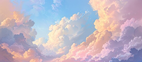 The painting showcases a sky dominated by fluffy clouds, creating a sense of vastness and depth. The artist captures the ever-changing formations and textures of the clouds, evoking a dreamlike - obrazy, fototapety, plakaty