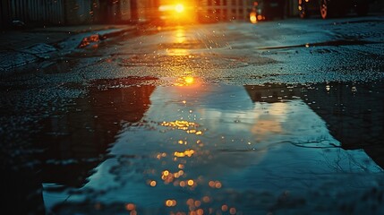Dark street, wet asphalt, reflections of rays in the water