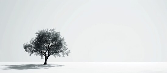 A single tree towering above a vast snowy field, creating a striking contrast against the white background. The tree stands alone, with no other vegetation or objects nearby.