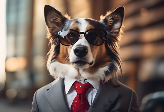 Elegant dog in sunglasses and tie posing like a businessman on a city street background.